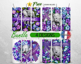 Paquete de envolturas para vasos de concientización sobre el Alzheimer, diseño "No me olvides" para vaso de 20 oz, PNG, diseño "Guerrero contra la enfermedad de Alzheimer", diseño para vaso de 20 oz con sublimación para la demencia