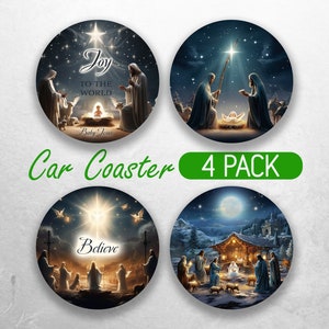 Posavasos navideños para coche PNG Diseños de sublimación de posavasos cristianos para coche con Jesús Paquete de posavasos para coche con diseño de la Natividad Diseños de posavasos para coche