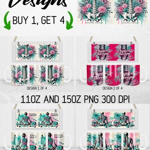 May include: Four designs for a full mug wrap featuring a skeletal illustration of the spine and pelvis with watercolour accents. The designs include a floral motif, a physical therapy text, and a yoga pose. The designs are available in 11oz and 15oz sizes and are 300 DPI.