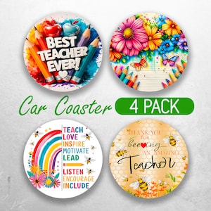 School Teacher Car Coaster PNG Honey Bee Teacher Car Coaster Sublimation Designs Teacher Appreciation Car Coasters Bundle PNG