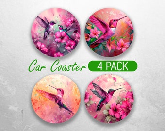 Pink Hummingbird Car Coaster PNG Humming Bird Car Coaster Sublimation Designs Pink Floral Birds Car Coaster Designs Car Coasters Bundle