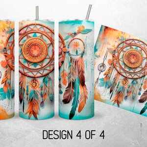 May include: Three stainless steel tumblers with a turquoise and orange dreamcatcher design. The design features feathers, beads, and a woven dreamcatcher. The tumblers are perfect for holding hot or cold beverages.