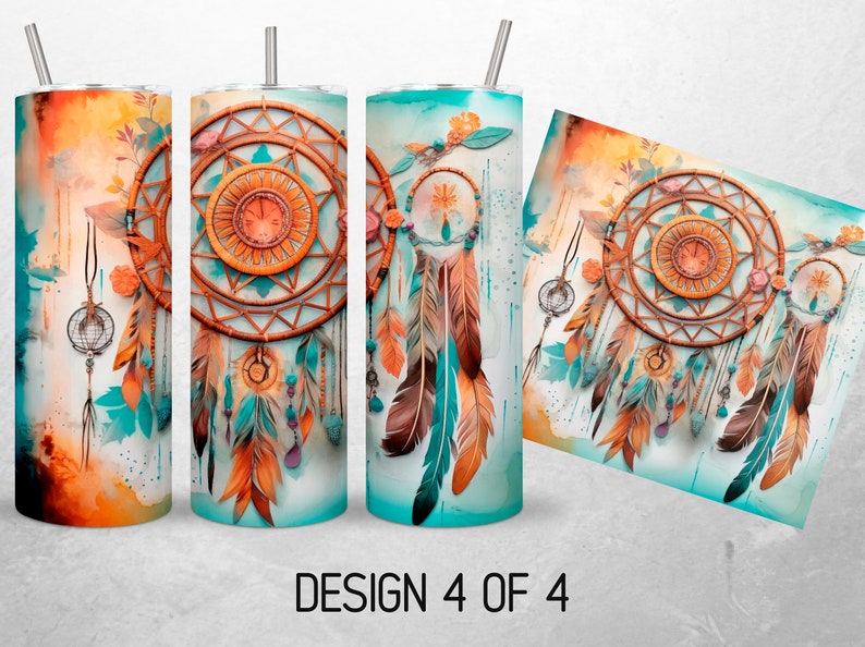 May include: Three stainless steel tumblers with a turquoise and orange dreamcatcher design. The design features feathers, beads, and a woven dreamcatcher. The tumblers are perfect for holding hot or cold beverages.