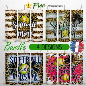Könnte beinhalten: Ein Set mit vier Sublimationsdesigns mit einem Softball, Pompons und dem Text "Softball Cheer Mom" auf einem Hintergrund aus Leopardenmuster und Holzmaserung.