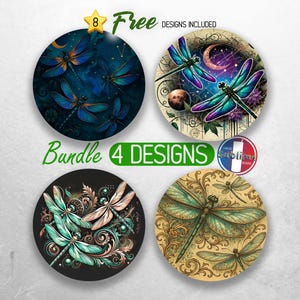 May include: Four round designs featuring dragonfly illustrations. The designs include a dark blue night sky with dragonflies, a purple and teal night sky with dragonflies, teal and peach dragonflies on a black background, and a gold background with green dragonflies. Text includes "8 Free Designs Included" and "Bundle 4 Designs".