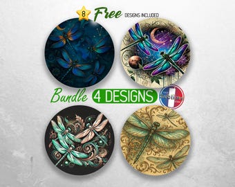 Dragonfly Car Coaster PNG-bundel, hemelse sublimatieontwerpen voor ronde auto-onderzetters