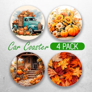 Fall Car Coaster PNG Sunflower Pumpkin Car Coaster Sublimation Designs Fall Leaves Car Coaster Bundle Car Coaster Designs Pumpkin Fall