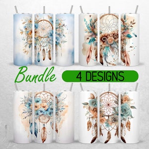 May include: Bundle of four sublimation designs featuring watercolor dreamcatchers with feathers and floral accents. The dreamcatchers are in shades of blue, brown, and white. The designs are perfect for creating custom tumblers, mugs, or other personalized items.