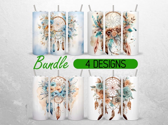Dreamcatcher Tumbler Wrap Watercolor Boho Tumbler Wrap Feathers Flowers Tumbler PNG Bundle Sublimation +18 FREE Tumbler Designs 20oz wrap