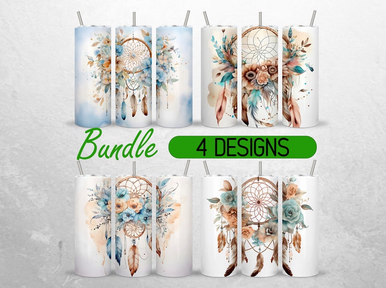 May include: Bundle of four sublimation designs featuring watercolor dreamcatchers with feathers and floral accents. The dreamcatchers are in shades of blue, brown, and white. The designs are perfect for creating custom tumblers, mugs, or other personalized items.