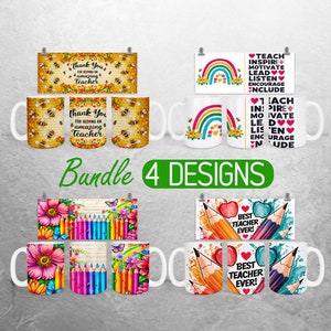 May include: A set of four colorful mugs with different designs for teachers. The mugs feature bees, rainbows, pencils, and apples. The text on the mugs includes "Thank You for being an amazing Teacher", "Teach Inspire Motivate Lead Listen Encourage Include", "1 in:  Inspire Motivate Lead Listen Encourage Include", and "Best Teacher Ever!"