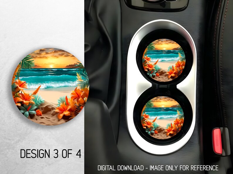 May include: Two round car coasters with a tropical beach sunset scene. The coasters feature a sandy beach, turquoise ocean waves, palm trees, and orange flowers. The coasters are in a car cup holder.
