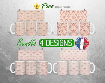 Coquette Bow Mug Wrap Bundle Hearts Coquette Mug PNG Design Pink Girly Girl Full Mug Wrap | 11oz and 15oz Mug Sublimation