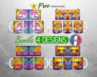 Hearts Valentine Day Mug Wrap Bundle Daisy Flower Mug PNG Design Love Floral Valentine Mug Wrap | 11oz and 15oz Mug Sublimation