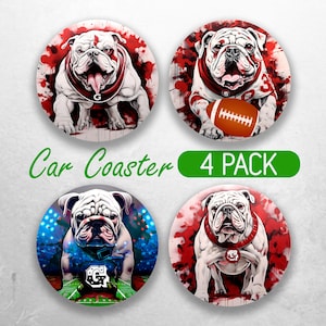 May include: Set of four round car coasters featuring a white bulldog with red and white accents. The bulldog is wearing a red collar with a white 'G' on it. The coasters have a red, white, and blue background with a football and a stadium scene. The text 'Car Coaster 4 PACK' is printed on a green background.