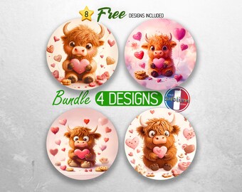 May include: A set of four round stickers featuring a cartoon Highland cow holding a heart. The stickers are pink with white polka dots and feature a variety of hearts, cookies, and other details. The stickers are part of a bundle of eight designs.