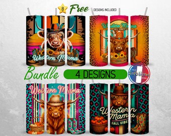 Western Mama Tumbler Wrap 20oz Bundle Highland Cow Retro Tumbler PNG Fall Colorful Cow Print 20oz Seamless Sublimation Design
