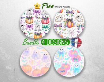 Cute Pumpkin Ghost Car Coaster PNG Bundle Halloween Coquette Bow Coaster Sublimation Designs Iridescent Spiderweb Bats Coaster Designs