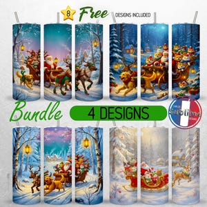 May include: A bundle of eight insulated tumblers with Christmas-themed designs. Each tumbler features a winter scene with Santa Claus, reindeer, and dogs. The text "Bundle" and "4 Designs" are also visible.