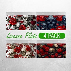 May include: Four metal license plates with a skull and roses design. The plates are silver with a black background and feature red roses, skulls, and hearts. The text "License Plate 4 PACK" is printed on a green banner.