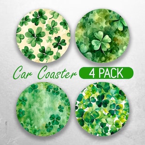 May include: Four green shamrock car coasters with a watercolor design. The coasters are round and have a white background with green shamrocks.