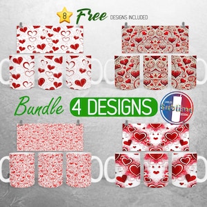 Red Valentines Day Hearts Mug Wrap Bundle Valentine Hearts Mug PNG Design Love Cupid Full Mug Wrap | 11oz and 15oz Mug Sublimation