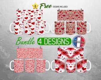 Red Valentines Day Hearts Mug Wrap Bundle Valentine Hearts Mug PNG Design Love Cupid Full Mug Wrap | 11oz and 15oz Mug Sublimation
