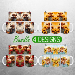Baby Highland Cow In a Bucket Mug Wrap PNG Highland Cow 11oz and 15oz Mug Sublimation Design Boho SunFlowers Mug Wrap Designs Bundle PNG