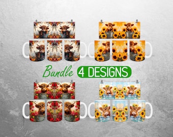Baby Highland Kuh in einem Eimer Becher Wrap PNG Highland Kuh 11 Unze und 15 Unze Tasse Sublimationsdesign Boho Sonnenblumen Becher Wrap Designs Bundle PNG
