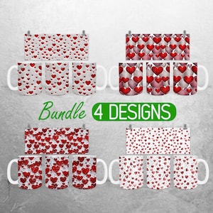 Emballage de tasse PNG coeurs de la Saint-Valentin Tasse de 11 oz et 15 oz pour la Saint-Valentin, design en sublimation, motifs d'emballage de tasse d'amour rouge, ensemble de emballages de tasse, tasse PNG