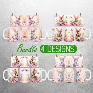 May include: Bundle of 4 designs for ceramic mugs featuring watercolor illustrations of bunnies holding teacups in a floral setting. The mugs are white with a pink and green floral design.