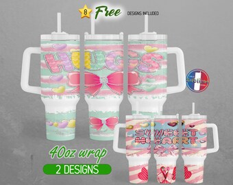 Envoltura para vaso de 40 oz con texto en inglés "Love" para San Valentín de 40 oz, vaso de 40 oz con texto en PNG, diseño para vaso de 40 oz con corazones y lazo para San Valentín, sublimación