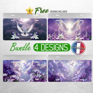 May include: A set of four license plate designs featuring a white dove flying towards a stairway to heaven with purple clouds and white lilies. The designs are available as a bundle and include the text "Bundle 4 Designs".