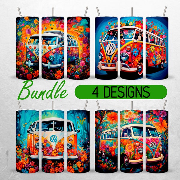 VW Bus Tumbler Wrap Van Life Hippie Tumbler PNG Colorful Volkswagen Beetle Tumbler Design +18 FREE 20oz Skinny Tumbler Sublimation Designs