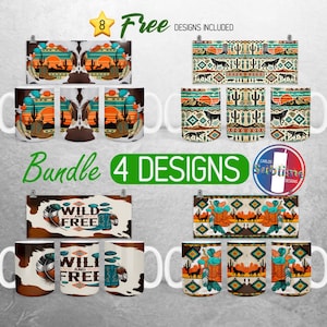 May include: A set of eight 11-ounce sublimation mugs featuring four different designs. The mugs are white with a variety of colorful patterns, including geometric designs, cacti, and the words "Wild and Free".