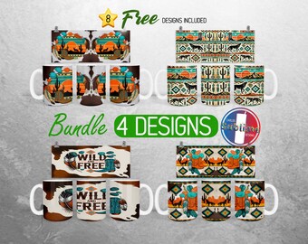 Paquete de envoltura para taza Boho Western, diseño PNG de taza azteca del suroeste, envoltura para taza completa con escena del desierto de piel de vaca, sublimación de taza de 11 oz y 15 oz