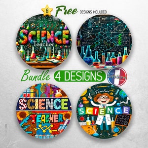May include: A set of four colorful science teacher themed coasters. The coasters feature different designs including a chalkboard with the word "Science" in colorful letters, a science lab with beakers and test tubes, a cartoon science teacher with the word "Science" in colorful letters, and a science lab with the word "Science" in colorful letters.