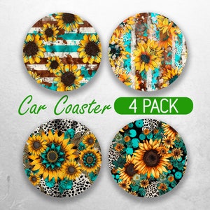 Spring Sunflower Car Coaster PNG Gemstone Cowhide Car Coaster Sublimation Designs Leopard Western Car Coaster Designs Car Coasters Bundle