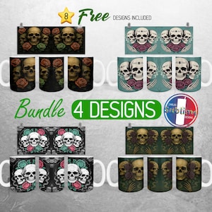 Spooky Skeleton Mug Wrap Bundle Halloween Skull Mug PNG Design Scary Gothic Roses Full Mug Wrap | 11oz and 15oz Mug Sublimation