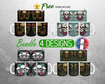Spooky Skeleton Mug Wrap Bundle Halloween Skull Mug PNG Design Scary Gothic Roses Full Mug Wrap | 11oz and 15oz Mug Sublimation