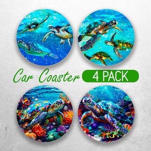 May include: Set of four car coasters featuring colorful sea turtles swimming in a blue ocean with coral reefs. The coasters are round and have a glossy finish.  Car Coaster 4 PACK is printed on the coasters.