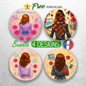 Puede incluir: Cuatro diseños redondos de acuarela que muestran a una mujer de espaldas, con largo cabello castaño rojizo, en varios entornos de oficina. Los diseños incluyen la palabra "SECRETARY" y el texto "Bundle 4 DESIGNS".