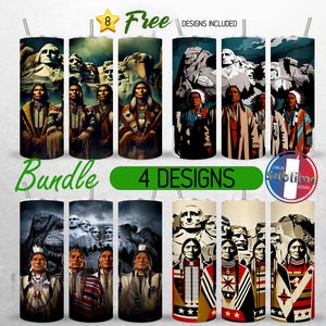 May include: A set of four designs for 20 oz. tumblers featuring a Native American theme with a background of Mount Rushmore. The designs include a variety of colors and patterns.