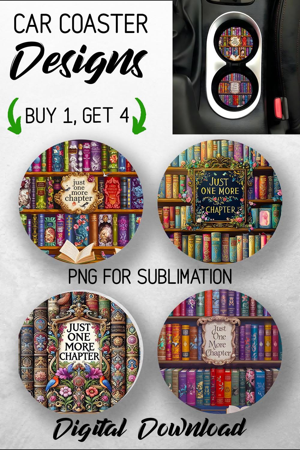 Book Lover Car Coaster PNG Bundle Just One More Chapter Coaster Png ...