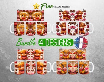 Lot de papiers d'emballage pour la Saint-Valentin avec vache des Highlands et tasse de bébé vache pour la Saint-Valentin, design PNG | Sublimation 11 oz et 15 oz
