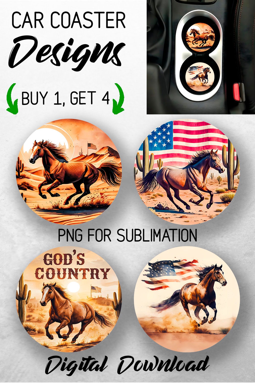 Gods Country Western Car Coaster PNG Horse Patriotic Car Coaster ...