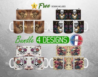 Skull Roses Hearts Mug Wrap Bundle Gothic Skull Mug PNG Design Spooky Skeleton Full Mug Wrap | 11oz and 15oz Mug Sublimation