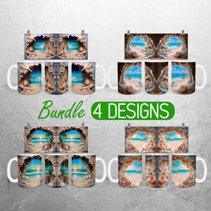 May include: Bundle of 4 ceramic coffee mugs with a beach scene design. Each mug features a different view of a beach with a cave opening, seashells, and ocean waves. The text "Bundle 4 DESIGNS" is printed on the image.