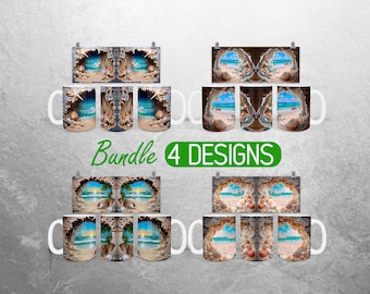 3D Cracked Wall Beach Mug Wrap PNG Sea Shells 11oz and 15oz Mug Sublimation Design Island summer Mug Wrap Designs Full Mug Wrap Bundle  PNG