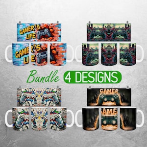 May include: A set of four white ceramic mugs with different designs featuring a video game controller. The mugs have a black handle and are arranged in two rows of two. The designs include a blue and orange graffiti style design with the text "Gamer's Life", a blue and purple design with a cityscape background, a blue and white design with a cityscape background, and a black and orange design with a cityscape background and the text "Gamer".